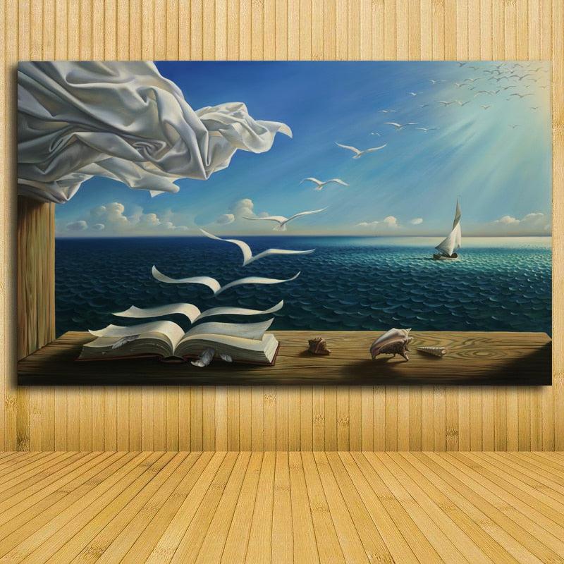 The Waves Book Sailboat, Salvador Dali Canvas Painting Poster Print | Living Room Home Wall Decoration Fabric Poster